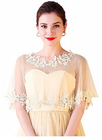 MisShow Bridal Embroidered Lace Appliques Shrug Wedding Shawl Wrap Bolero,Champagne