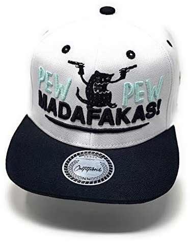 Outfitfabrik ❤️ Snapback Cap Pew Pew Madafakas in weiß mit schwarzem Schirm und 3D-Stick in Mint und schwarz (Statement, Spruch), One Size für Männer und Frauen, versetllbar an der Rückseite