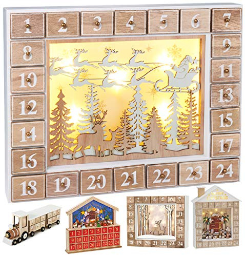 BRUBAKER Adventskalender aus Holz zum Befüllen - Fliegender Weihnachtsmann | mit LED-Beleuchtung - Wiederverwendbarer DIY Weihnachtskalender 35.5 x 6 x 27 cm