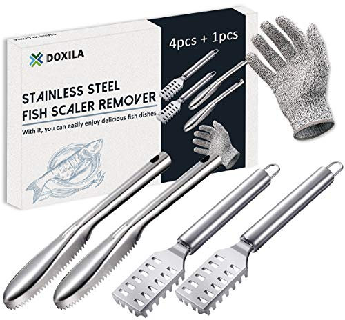 DOXILA Fish Scale Remover, 4PCS Stainless Steel Fish Scale Cleaner Scraper with Glove, Saw Tooth Fish Cleaning Brush Peeling Descaler Kit, Kitchen Cooking Prepare Tools, Easier & Faster Scaling