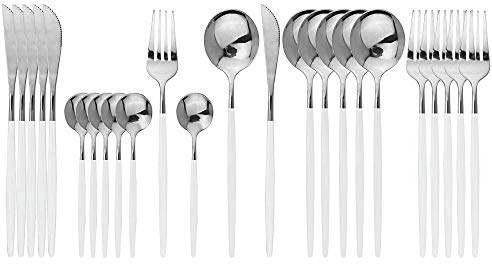 JASHII Set di posate 24 pezzi, set di posate in acciaio inox, set di posate in argento bianco, moderno ed elegante per feste, Natale, cena (argento bianco)