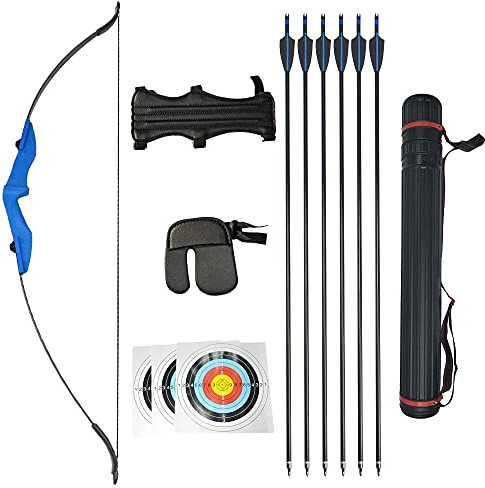 AMEYXGS 57 Zoll Bogenschießen Takedown Recurve Bogen und Pfeilsatz 30 35 40lbs Doppelpfeilauflage Recurve Bogen Jagd Schießbogen Kit für Erwachsene Anfänger (Bogenset Blau, 35lbs)