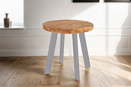 SAM Runder Esszimmertisch 90 cm Adelina, Mangoholz massiv & naturfarben, Esstisch im Used-Look, 4-Fuß-Gestell aus Metall Silber, aufgedoppelte Tischplatte 50 mm (25+25mm)