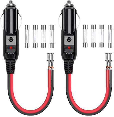 GUNGY Spina Accendisigari 12V/24V Spinotto Presa Accendisigari 10cm 16AWG Prolunga con Indicatore LED Rosso e 10A/15A Fusibili di Ricambio per Auto Camion 2 Pezzi