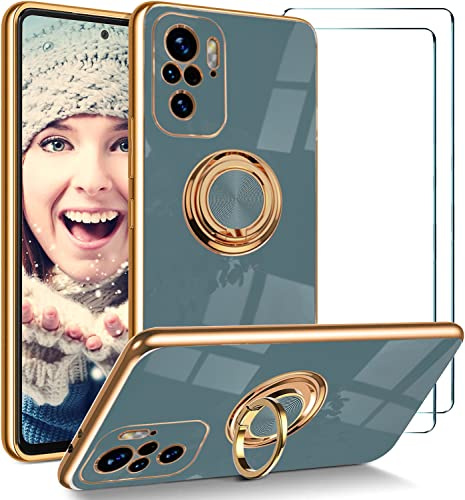 ATISIJIE Funda para Xiaomi Redmi Note 10 4G / 10S Carcasa con 2 Protectores de Pantalla, Silicona Estuche Ultrafino Anti-caída para Niña, Soporte Giratorio 360° Soporte Magnético para Coche Gris