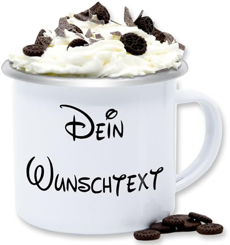 Emaille Tasse Blechtasse - Aufdruck selbst gestalten - Wunschtext I Geschenk mit eigenem Text personalisiert - 300 ml - Weiß Silber - tassen personalisieren personalisierte name kaffeebecher