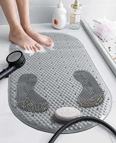 Yolife Shower mat Non Slip Bath Mat,40X80 CM Shower Foot Scrubber Mat with Removable Pumice Stone,TPE Shower Stall Mat Foot Cleaning Massage with Suction Cups & Drain Holes