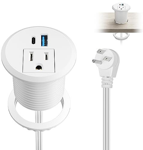 2inch Desktop Power Grommet, Recessed Power Strip with PD 20W USB C, AC Outlet and 18W USB A Charging Port, Hidden Desk Power Outlets with 6FT Extension Cords for Office, Home, Conference(White)
