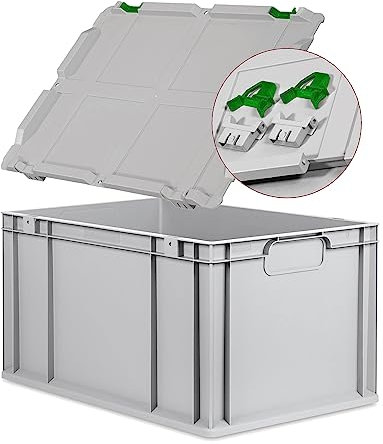 Eurobox NextGen Economy, Griffe geschlossen mit Scharnierdeckel 60x40x32cm grau Kunststoffbox 65 Liter stapelbar Transportbehälter lebensmittelecht, Farbe Deckel-Scharniere wählbar (Grün)