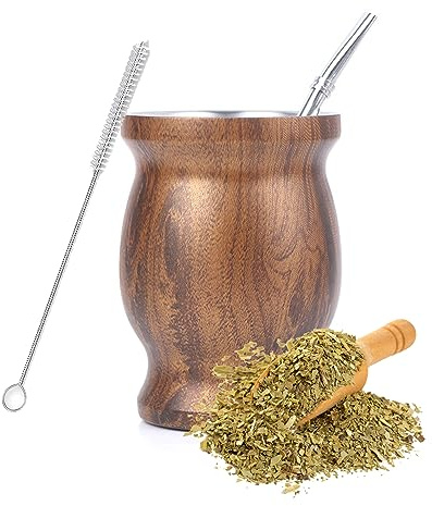 STOUCLA Mate Becher,Mate Tee Becher Set,mit Mate Strohhalm und eine Reinigungsbürste,für Tee,Holzmaserungsfarbe