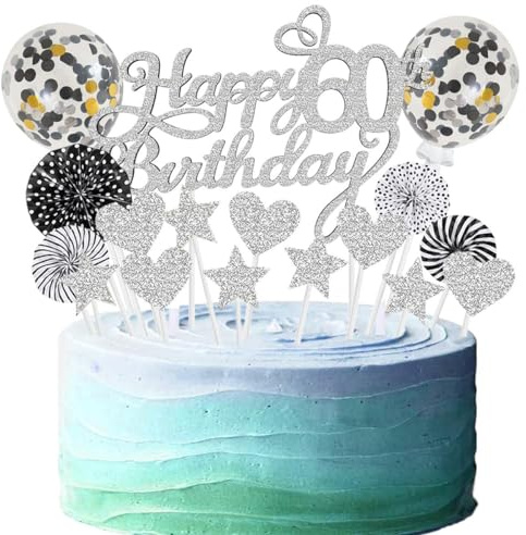 Cake Decoration Birthday Cake 60th Birthday – Cake Decoration Silver Black for Women Men – Happy Birthday Cake Decoration Glitter Cake Topper