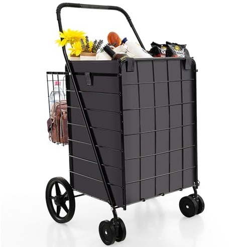 GYMAX Chariot de Courses Pliable à roulettes, Sac Amovible 120L + Petit Panier Arrière, Grand Caddie de Courses Robuste en Métal, Caddy de Courses pour Marché, Provisons, 60 x 61 x102 cm