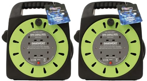 Set of 2-4 Way Mains Socket with 25M Extension Lead Reel Cable with Termal Cut-Out Switch - Heavy Duty British Approved 13A for Workshops Home Use DIY and more - 25 Meter