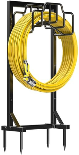 Bomclap Supporto per tubo da giardino, 117 cm, autoportante, in metallo rimovibile, per tubo da giardino, resistente, con cestino, colore: nero