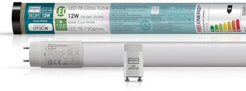 Crompton Lamps 3ft LED T8 Tube, 4000K Cool White, 12W (30W Equivalent), Replacement Fluorescent Tubes for LED Batten Light, Ceiling Strip Lights, Garage Lighting, Includes Fluorescent Starter