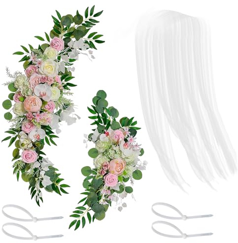 Set di 3 Kit di Fiori per Arco Nuziale, Romantico Festone di Fiori di Rosa Artificiale con Tessuto Drappeggiato per lo Sfondo del Ricevimento di Nozze, Cartello di Benvenuto per la(Rosa chiaro)