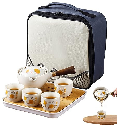 Travel Tea Set 7PCS/Set Ceramic Cute Cat Portable Chinese Tea with 360 Rotation Teapot and Infuser, 4 Cups, Bamboo Tray and Carry Bag for Maker Birthday Xmas Gift Cat Tra