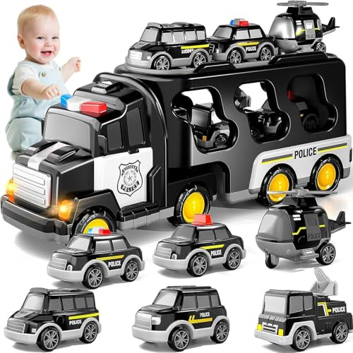 7 In 1 Police Car Kids Vehicles - Police Truck Toy with Lights & Sounds, Transport Toy for Toddlers, Boys' Christmas Birthday Gift for 3 4 5 6 7 8 Years Old