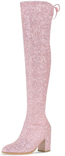 Allegra K Women's Glitter Chunky Heel Party Over the Knee Boots