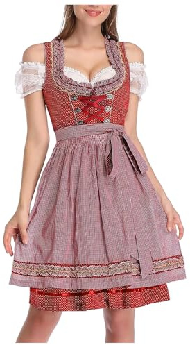 Dirndl Women's Midi 3-Piece Costume Dress Women's Velvet Dirndl Dress Women's Red with Dirndl Aprons Dirndl Blouse Lace Costume Skirt Costume Fashion Bavarian Costume Dresses Oktoberfest