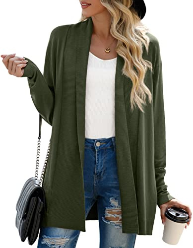 GRECERELLE Strickjacken Damen Open Front Cardigan für Damen Sweater Elegant Casual Herbst Sweater Top Elegante Jäckchen Einfarbige Casual Strickmantel (Armeegrün,L)