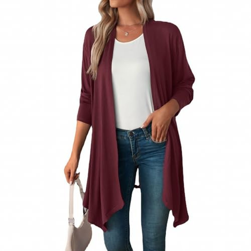 MSIYOW Femme Gilet Long Manches Longues Cardigan Léger Veste Décontractés Couleur Unie (2XL, Rouge)