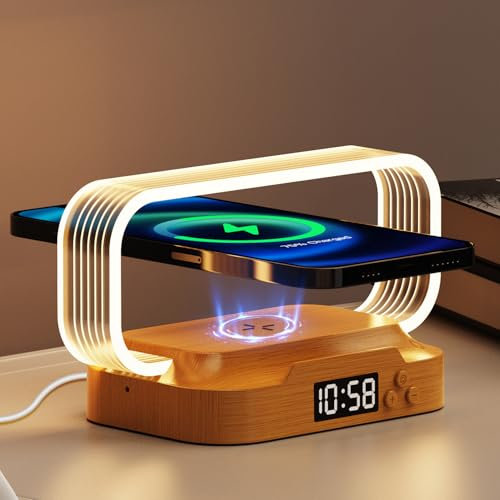 Wanjiaone Lampe de Chevet avec Chargeur sans Fil 15W et Horloge, Mini Lampes de Table Tactile 3 Modes de Couleur et Intensité Variable, Cadeaux