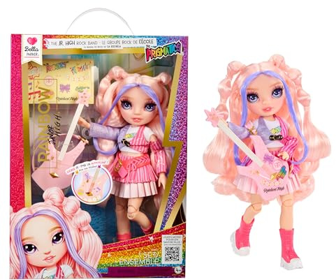 Rainbow High Junior High Rock Band - Bella, Pink - 23cm Fashion Doll with a Bass Guitar, Customise with Stickers, Posable, Cute Toys for Children Ages 4+