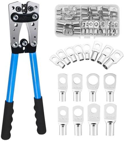 Polegas Battery Cable Crimping Tool Kit, Wire Crimping Tool with 60 PCS Copper Ring Terminals for Crimping Wire Cable from 6-50mm², Battery Cable Lug Crimper for Electrical Lug Crimper, Copper Lugs