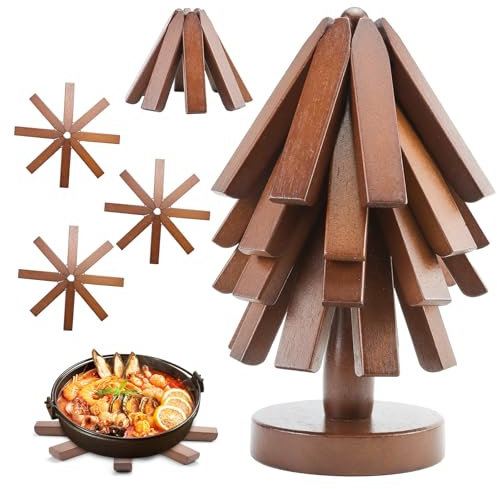 Salvamanteles de Madera para Platos Calientes, Juego de 4 Soportes Plegables de Nogal con Forma de Árbol para Teteras, Cuencos y Posavasos