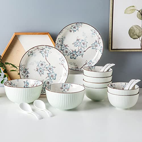 Service de table en porcelaine pour 4 à 6 personnes Motif fleurs de magnolia japonais 16 pièces Idéal pour fête de famille mariage
