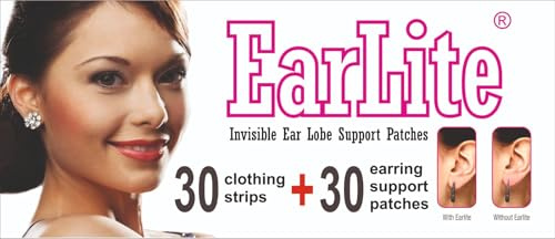 EarLite Fashion Kit - Toppe di supporto per lobo dell'orecchio (30 toppe) + nastro biadesivo per moda, abbigliamento e corpo (30 strisce)