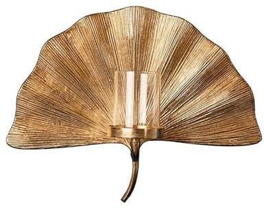 Licht-Erlebnisse Wandkerzenhalter Gold B: 43 cm aus Metall Glas Handarbeit Ginko Blatt Design Asiatisch Kerzenhalter Wand - ohne Kerzen