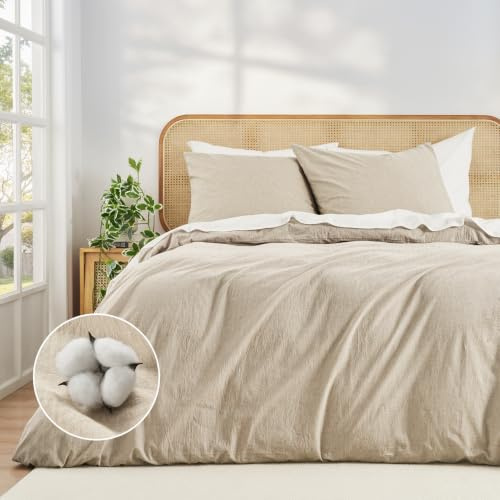 Duvetnova Bettwäsche 200x200 Beige Baumwolle 3 teilig Superweiche 100% Vorgewaschene Baumwolle mit Leinenstruktur ÖKO-TEX 2x2m Bettwäsche 1 Bettbezug 200x200+2 Kissenbezüge 80x80 mit Reißverschluss