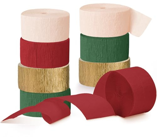 NICROHOME EUR Weihnachtsdekorationen, 8 Rollen Weihnachts Krepppapier Deko | Grün Rot und Gold Papier Luftschlangen Hängedeko für Weihnachts, Geburtstags, Hochzeits, Babyparty Dekorationen, 25m/Rolle