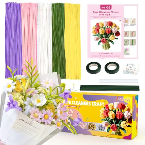 MQOALA - Juego limpiapipas con instrucciones, juego de limpiapipas de alambre de chenilla, estambres para crear y decorar ramos, decoraciones DIY, color limpiapipas manualidades (300, rosas, estándar)