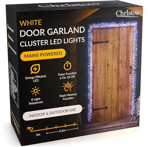 Christow Christmas Cluster Light Door Garland, 800 White Micro LED Decoration with Timer, 8 Light Modes Flashing & Static, Indoor & Outdoor Use, Mains Powered, 5.5m for Standard Door