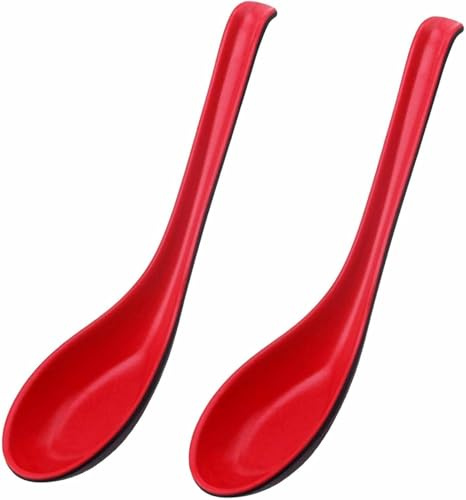2Pcs Asian Soup Spoons Long Handle with Hook Red and Black Chinses Soup Spoon Japanese Ramen Wonton Soba Rice Noodle Kitchen
