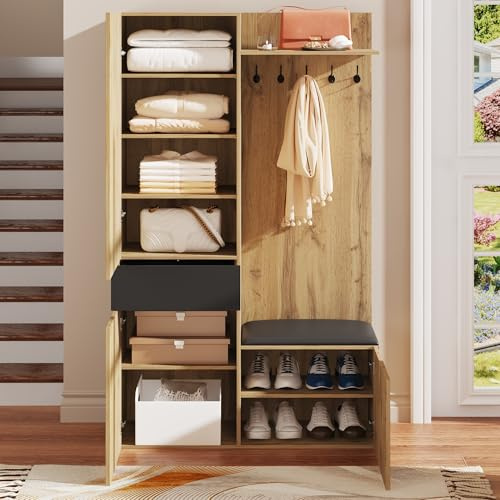 Ligterra Set da guardaroba con 5 ganci, specchio, scarpiera, armadio a muro con ripiani superiori, cassetti, vani portaoggetti superiori, panca guardaroba (Nero+Natura)