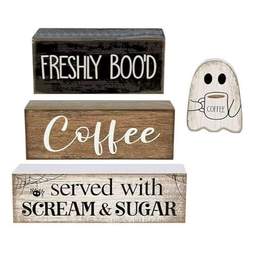Halloween Table Decor, Halloween Wooden Ghost Desktop Ornament, Indoor Tiered Tray Decorations, Coffee Bar Block Signs for Home Office Kitchen Shelf