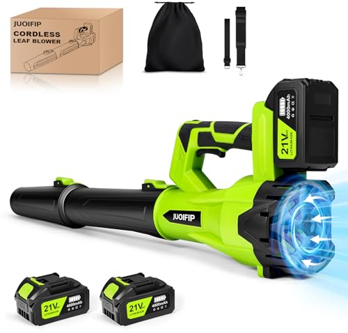 JUOIFIP 21V Soplador de Hojas, 6 Velocidades Sopladora de Hojas, Soplador 2 Baterías de 4Ah, Flujo de Aire de 290 km/h, Correa para el Hombro para Soplar Hojas, Nieve, Polvo y Residuos