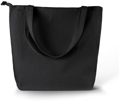Wonky Line - Bolsa de Lona Grande con Cremallera y Bolsillo Interior 40x45x12cm - Bolsa de Compras Reutilizable de Algodón 280g/m² - Bolsa de Hombro Espaciosa para Mujer - Viajes Trabajo P - Negro