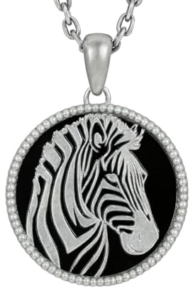 Generisch Handgefertigter 925er Silber Anhänger „Zebra“ mit schwarzem Onyx – Rundes Relief-Medaillon mit Perlenrand, Schwarz-Weiß minimalistisch, Vintage-Oxidation
