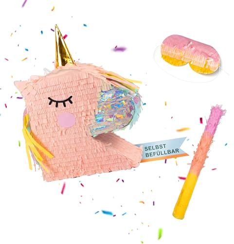 Relaxdays Pinata Einhorn, mit Stab & Maske, Partypinata Kinder, Geburtstag, zum Befüllen, HxBxT: 49,5 x 43 x 10 cm, bunt