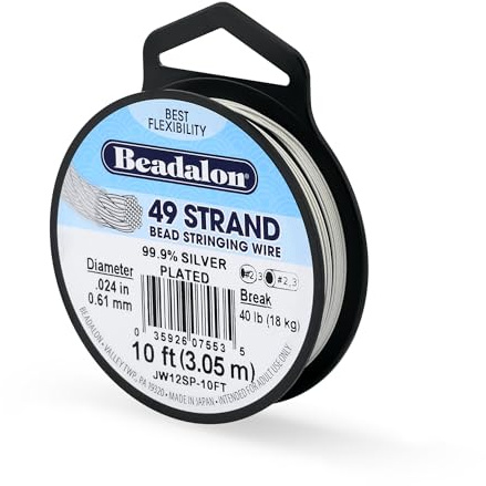 Beadalon 49 Strand Stainless Steel Bead Stringing Wire, .024 in / 0.61 mm, Silver Plated, 10 ft / 3.1 m