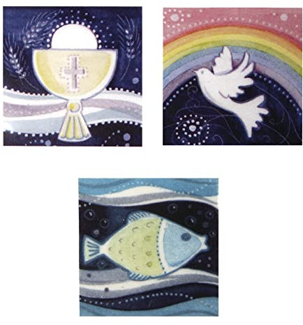 Rayher 31530000 Wachsmotive, christliche Motive, 4 x 4 cm, 3 Stück, Kelch, Taube, Fisch, zum Kerzen verzieren, Verzierwachs für Kommunionkerzen, Kerzen zur Konfirmation, Firmung etc.