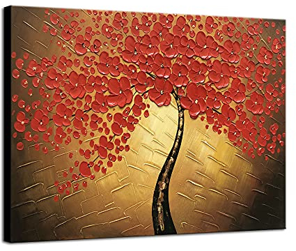 Wieco Art - Red Flowers Modern Floral 100% Hand Painted Oil Paintings Artwork on Stretched and Framed Canvas Wall Art Ready to Hang for Home Decorations by Wieco Art