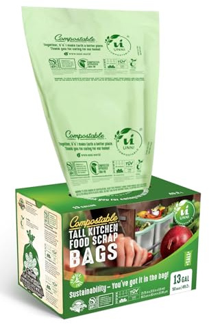 UNNI Compostable Trash Bags, 13 Gallon / 49.2 Liter, 50 Count, Extra Thick 0.9 Mil Tall Kitchen Food Scrap Bin Liners, Certified by BPI, CMA & OK compost HOME, Meets the ASTM D6400 Standard