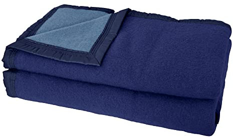 Couverture Pure Laine Vierge Woolmark 500g/m² Volta 220x240 cm Bleu Marine/Myosotis