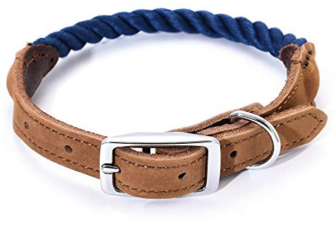 Mile High Life Premium Baumwollseil Hundehalsband aus echtem Leder Edelstahl Schnallenring (S, Marine)
